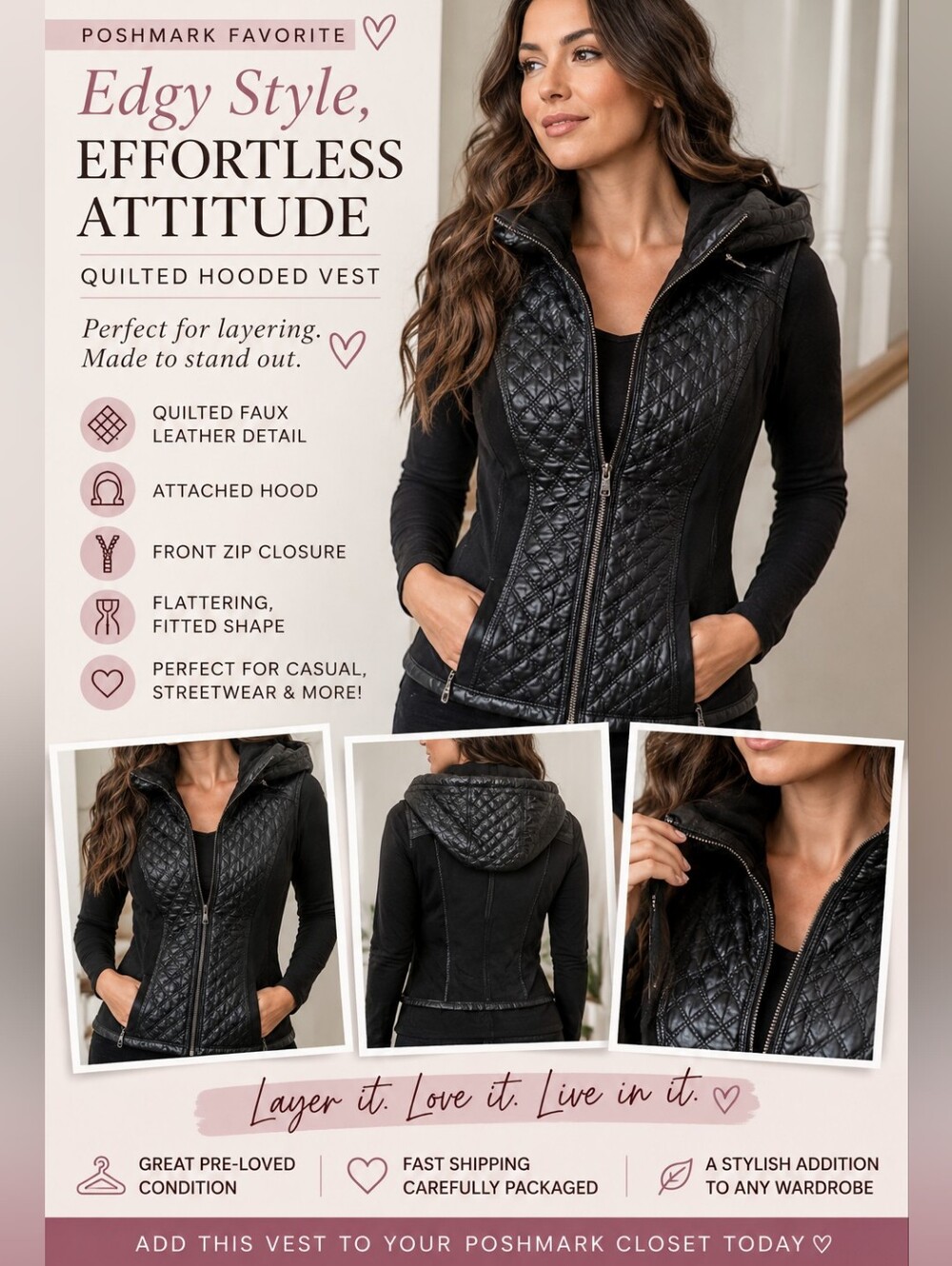 White House Black Market Black Quilted Sleeveless Vest with Silver Zip